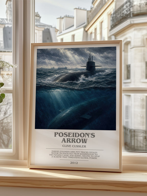 Poseidon's Arrow Bookish Wall Art by Clive Cussler – framed print by a bright window