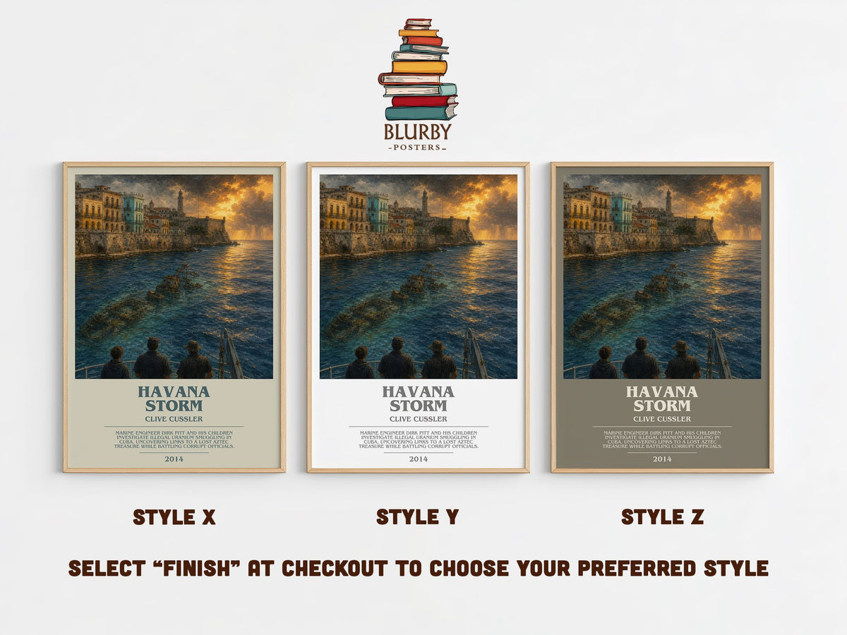 Havana Storm bookish print in frame leaning in hallway – thriller wall art (mockup)