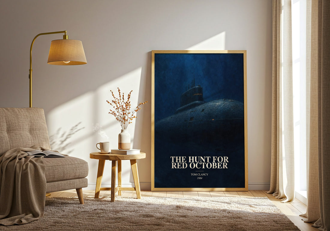 The Hunt for Red October watercolour print in frame leaning in hallway – thriller wall art (mockup)