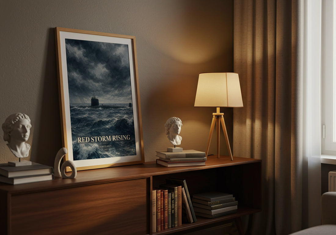 Red Storm Rising watercolour print on bookshelf – Tom Clancy fan gift