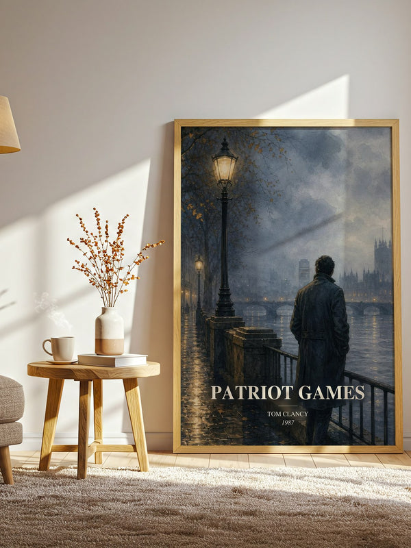 Patriot Games watercolour print in frame leaning in hallway – thriller wall art