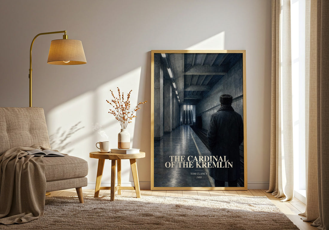 The Cardinal of the Kremlin watercolour print in frame leaning in hallway – thriller wall art (mockup)