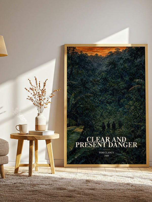 Clear and Present Danger watercolour print in frame leaning in hallway – thriller wall art