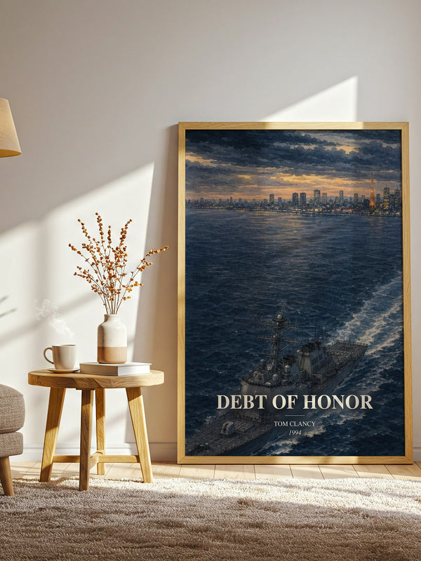 Debt of Honor watercolour print in frame leaning in hallway – thriller wall art