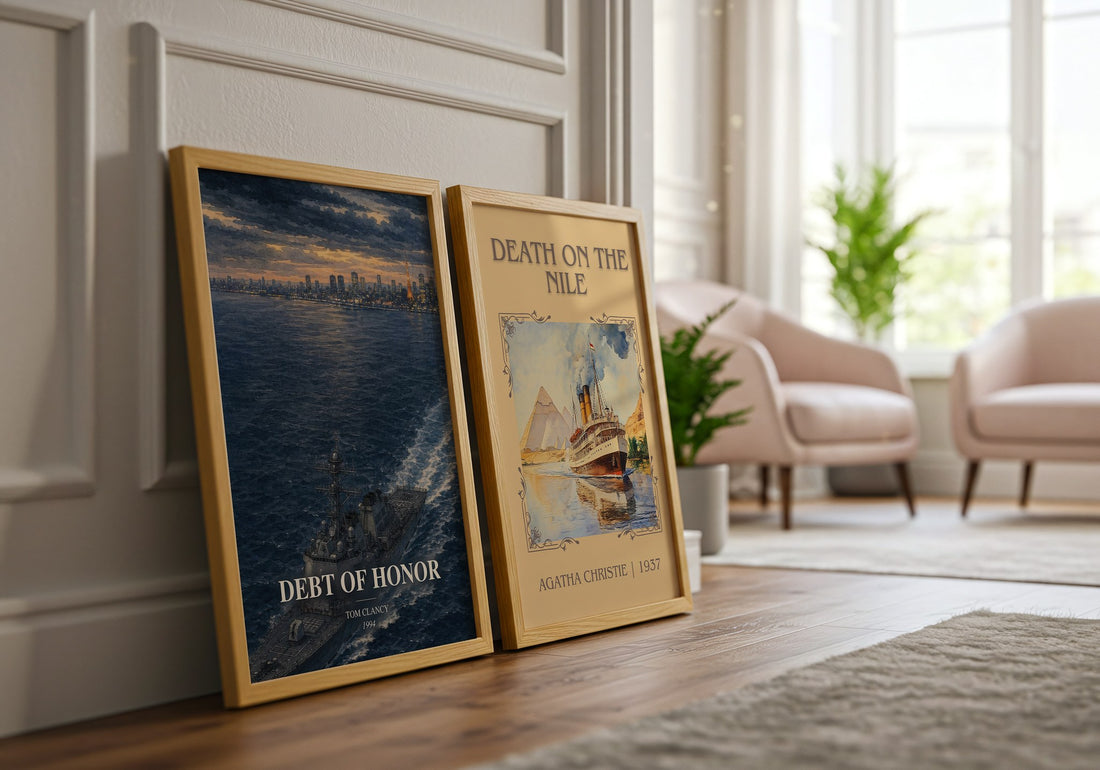 Debt of Honor watercolour print framed by window – literary home decor