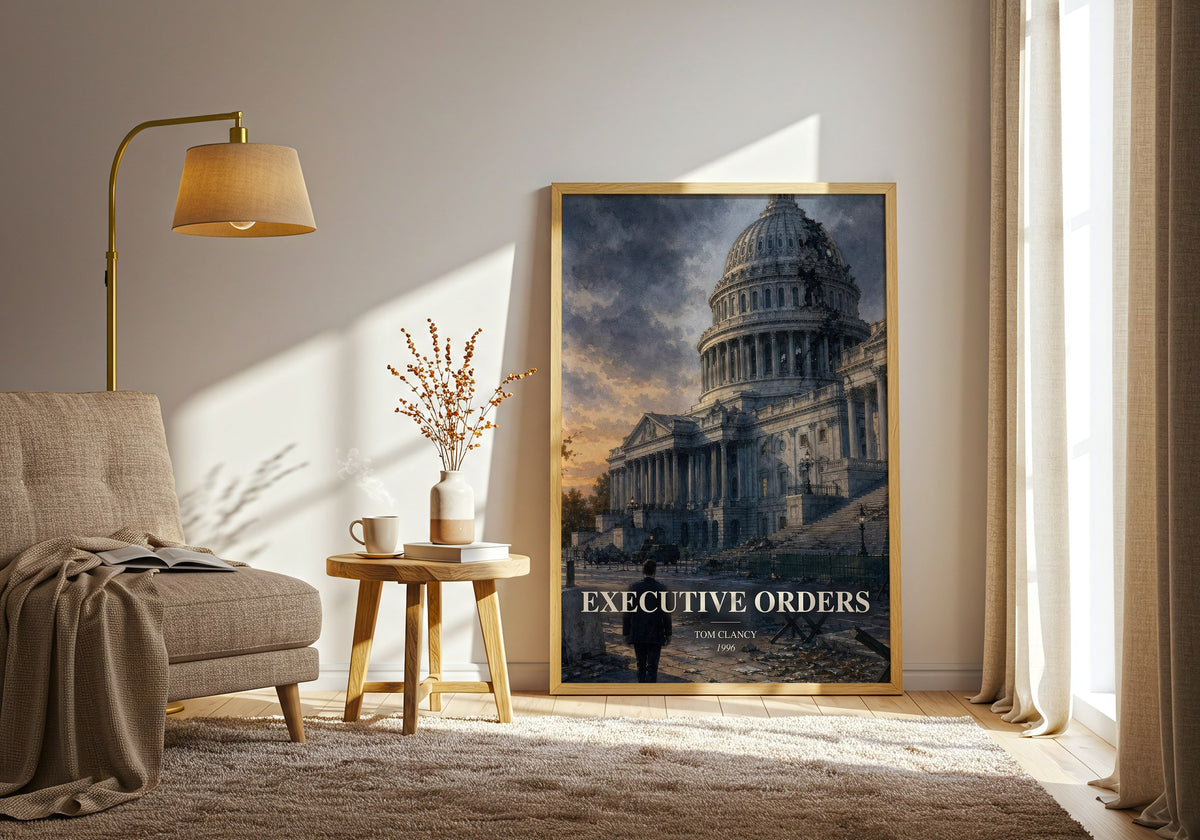 Executive Orders watercolour print in frame leaning in hallway – thriller wall art (mockup)