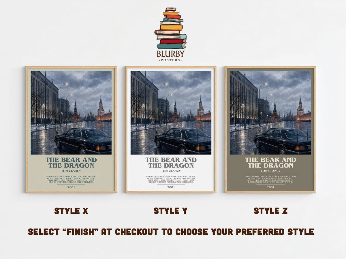 The Bear and the Dragon bookish print in frame leaning in hallway – thriller wall art (mockup)