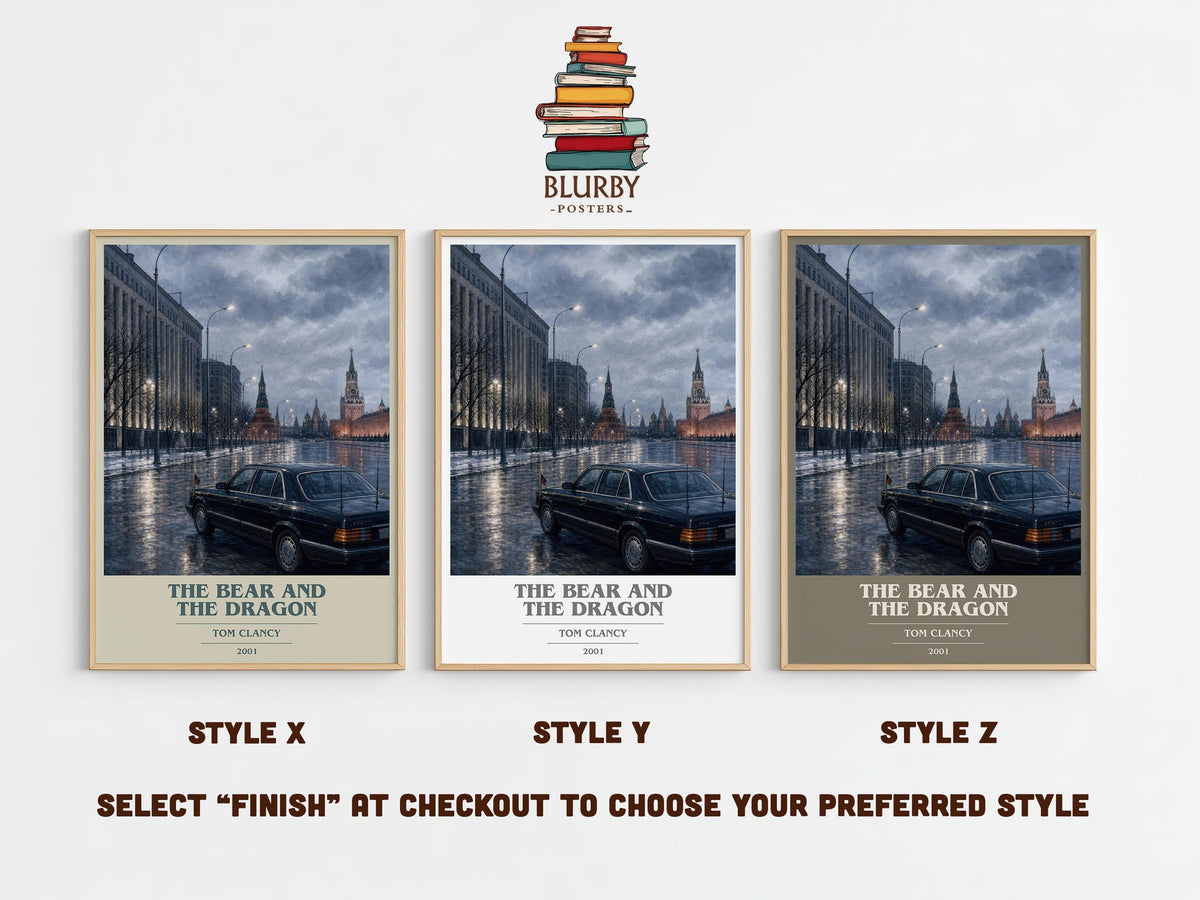 The Bear and the Dragon book cover print in frame leaning in hallway – thriller wall art (mockup)