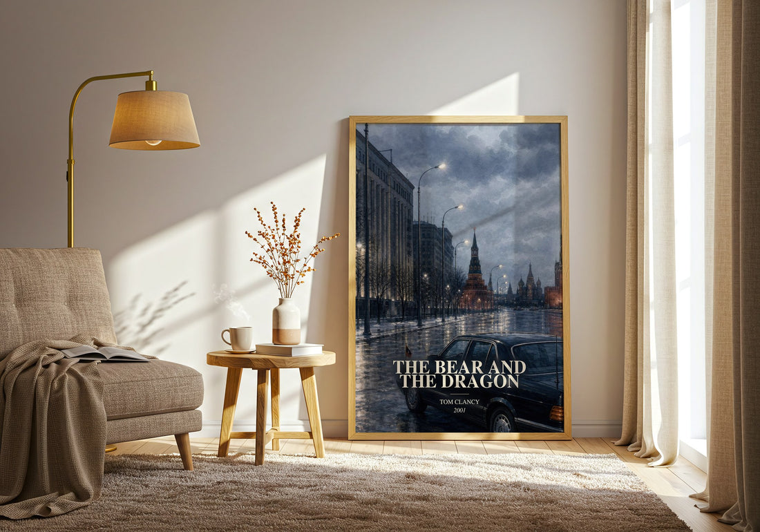 The Bear and the Dragon watercolour print in frame leaning in hallway – thriller wall art (mockup)