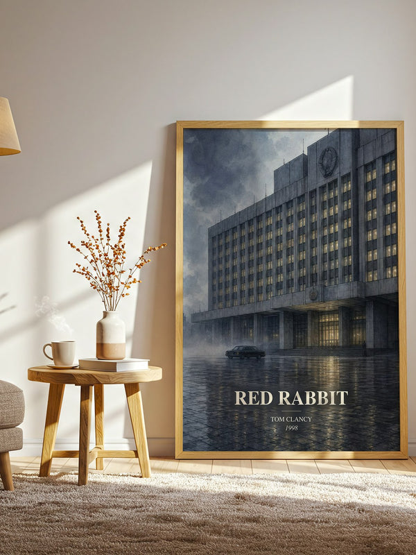 Red Rabbit watercolour print in frame leaning in hallway – thriller wall art