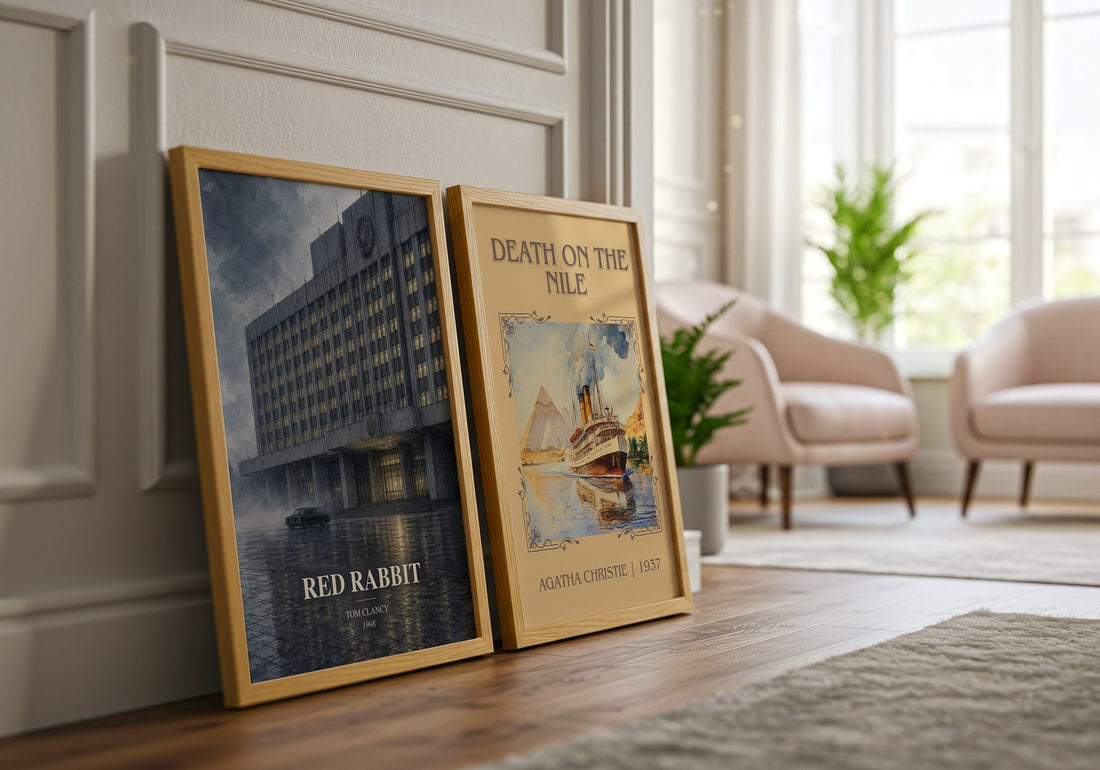Red Rabbit watercolour print framed by window – literary home decor