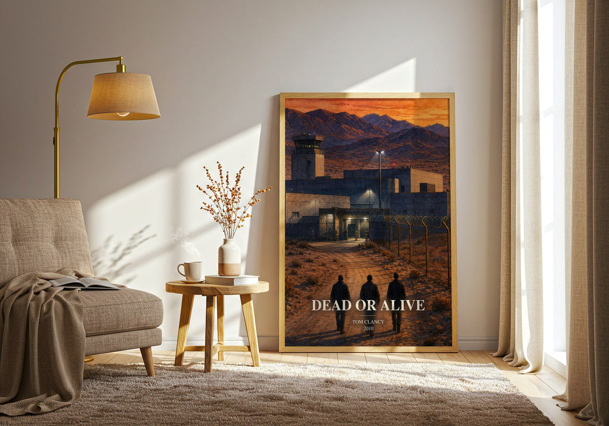 Dead or Alive watercolour print in frame leaning in hallway – thriller wall art (mockup)