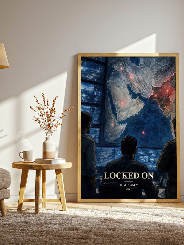 Locked On watercolour print in frame leaning in hallway – thriller wall art