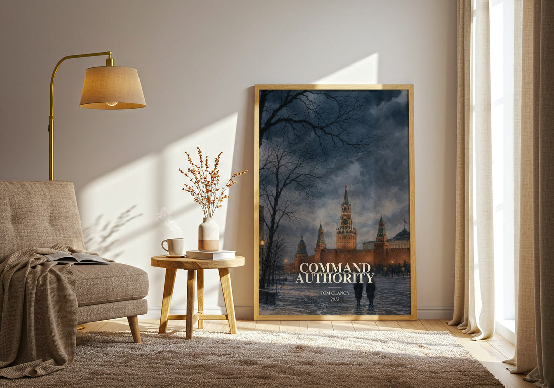 Command Authority watercolour print in frame leaning in hallway – thriller wall art