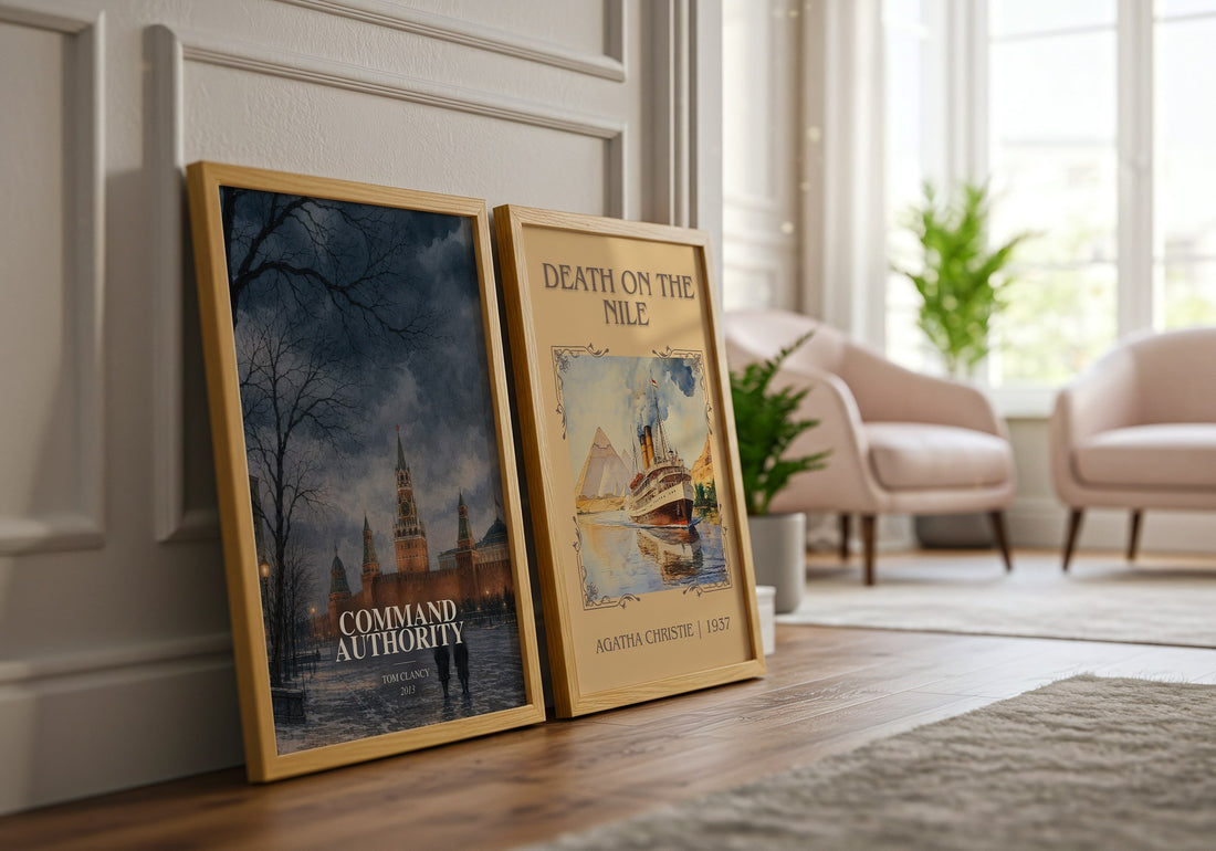 Command Authority watercolour print framed by window – literary home decor