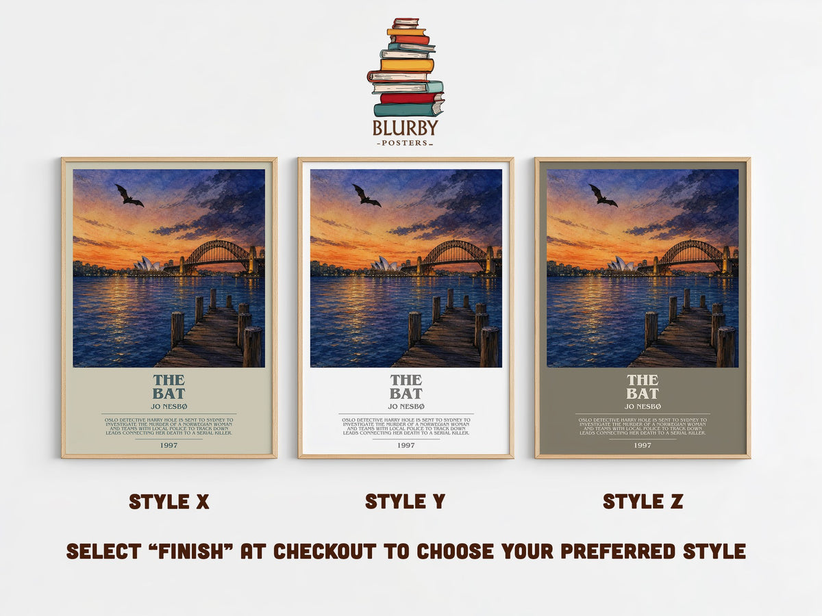 The Bat bookish print in frame leaning in hallway – crime wall art (mockup)