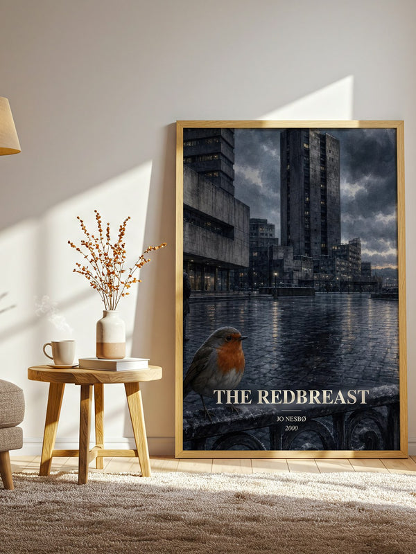 The Redbreast watercolour print in frame leaning in hallway – crime wall art