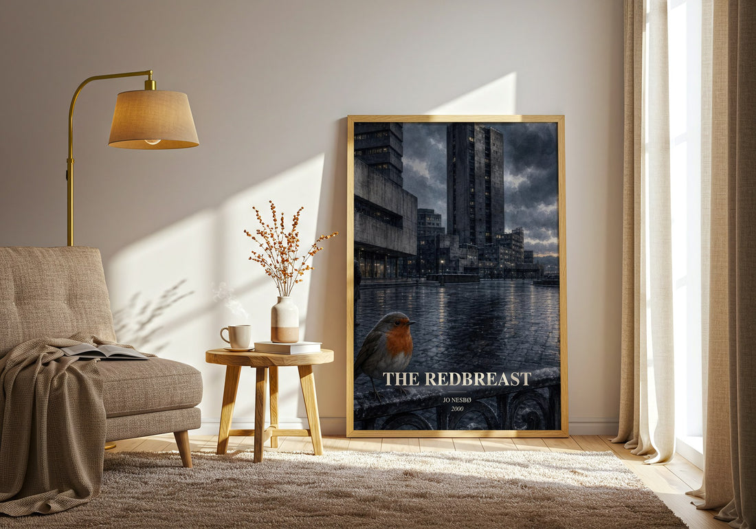 The Redbreast watercolour print in frame leaning in hallway – crime wall art (mockup)
