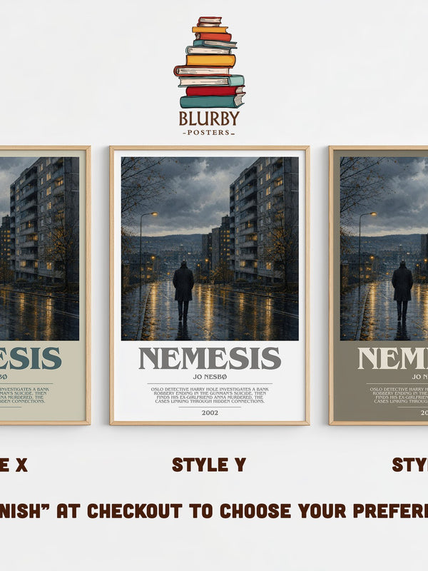 Nemesis bookish print in frame leaning in hallway – crime wall art
