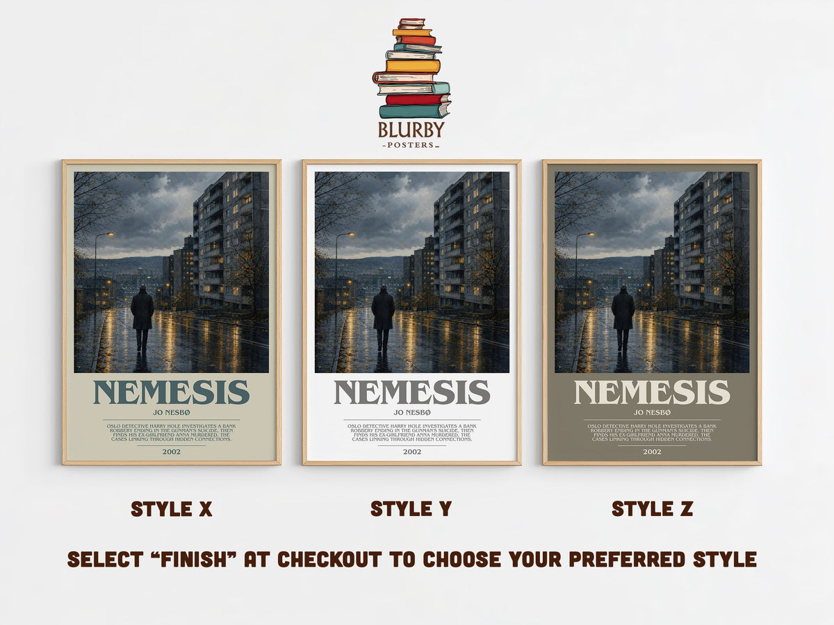 Nemesis bookish print in frame leaning in hallway – crime wall art (mockup)