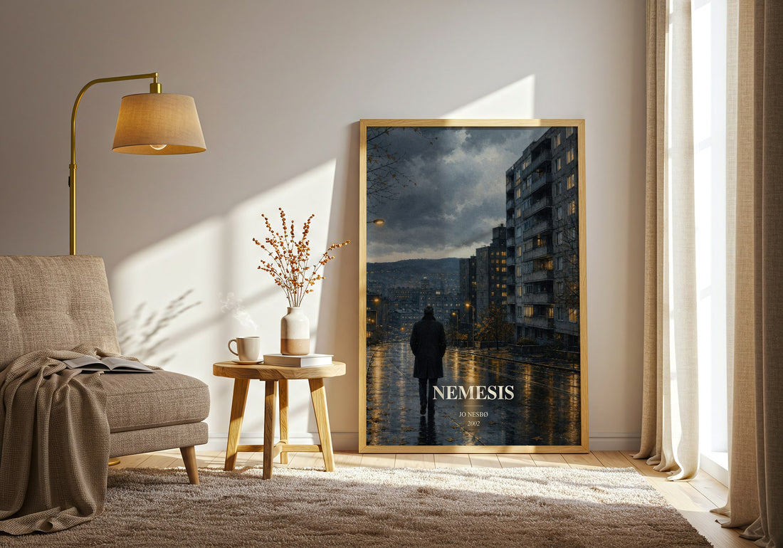 Nemesis watercolour print in frame leaning in hallway – crime wall art (mockup)