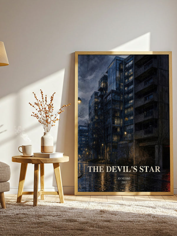 The Devil's Star watercolour print in frame leaning in hallway – crime wall art
