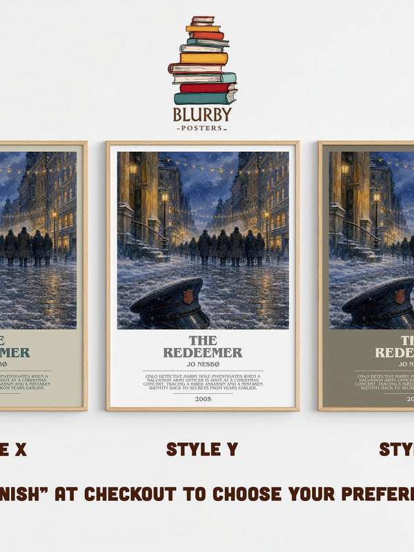 The Redeemer bookish print in frame leaning in hallway – crime wall art