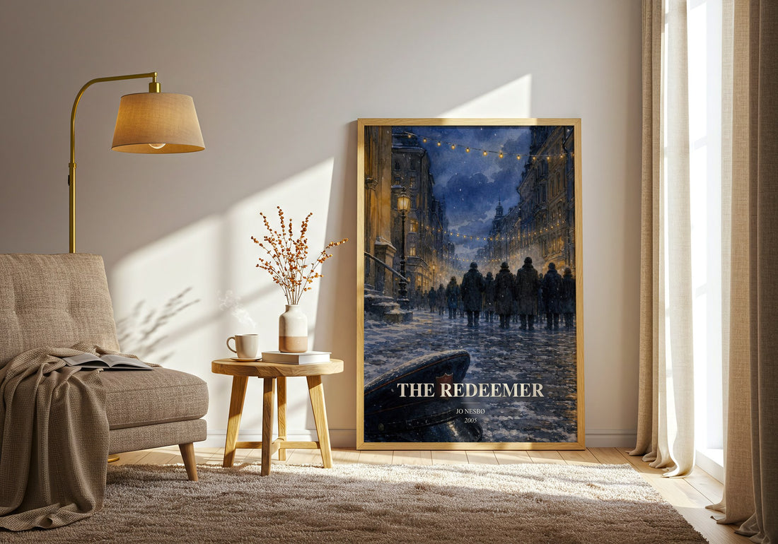 The Redeemer watercolour print in frame leaning in hallway – crime wall art (mockup)