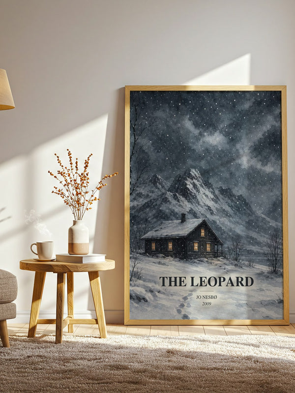 The Leopard watercolour print in frame leaning in hallway – crime wall art