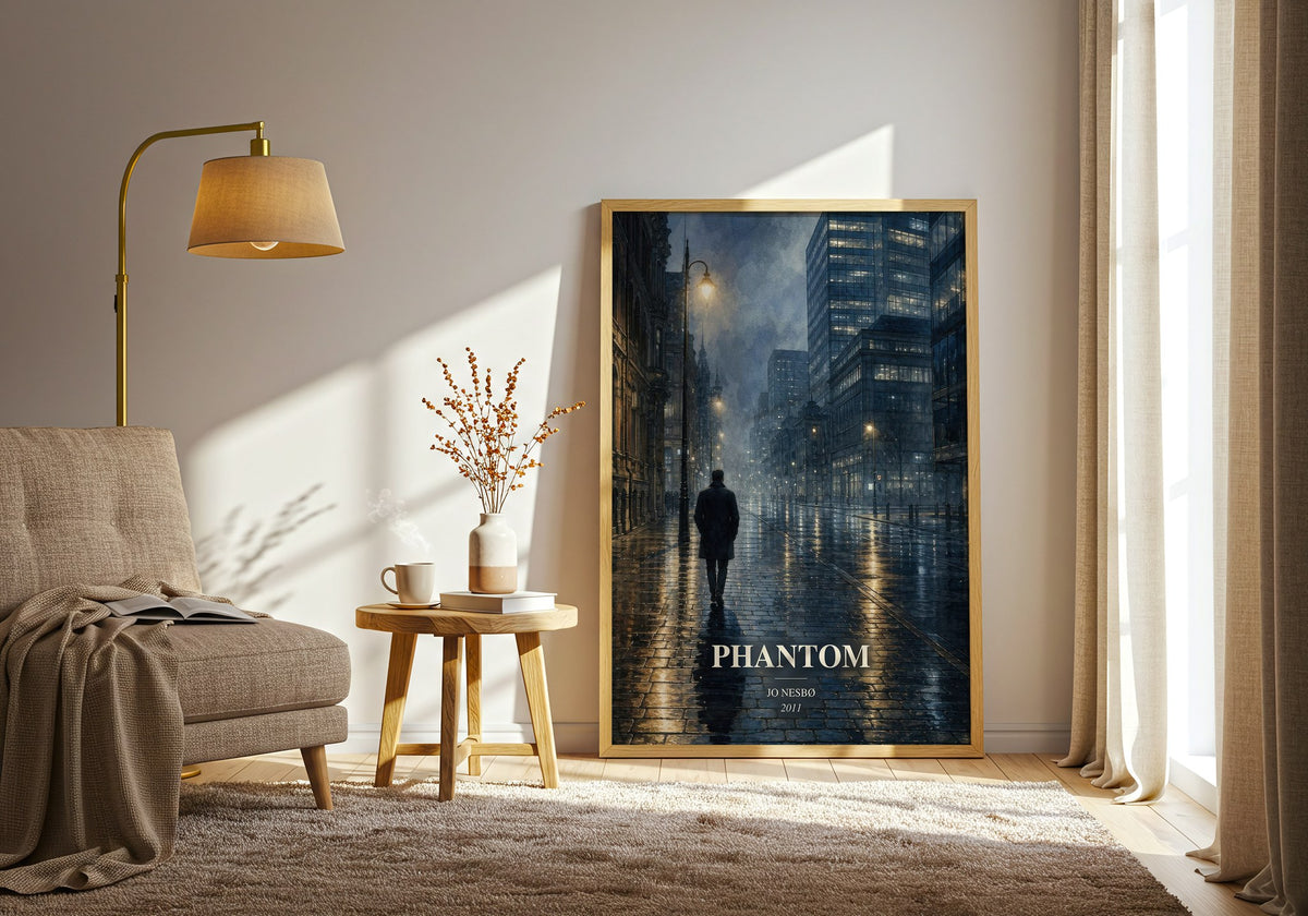 Phantom watercolour print in frame leaning in hallway – crime wall art (mockup)