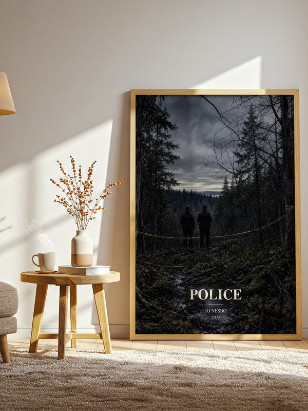 Police watercolour print in frame leaning in hallway – crime wall art