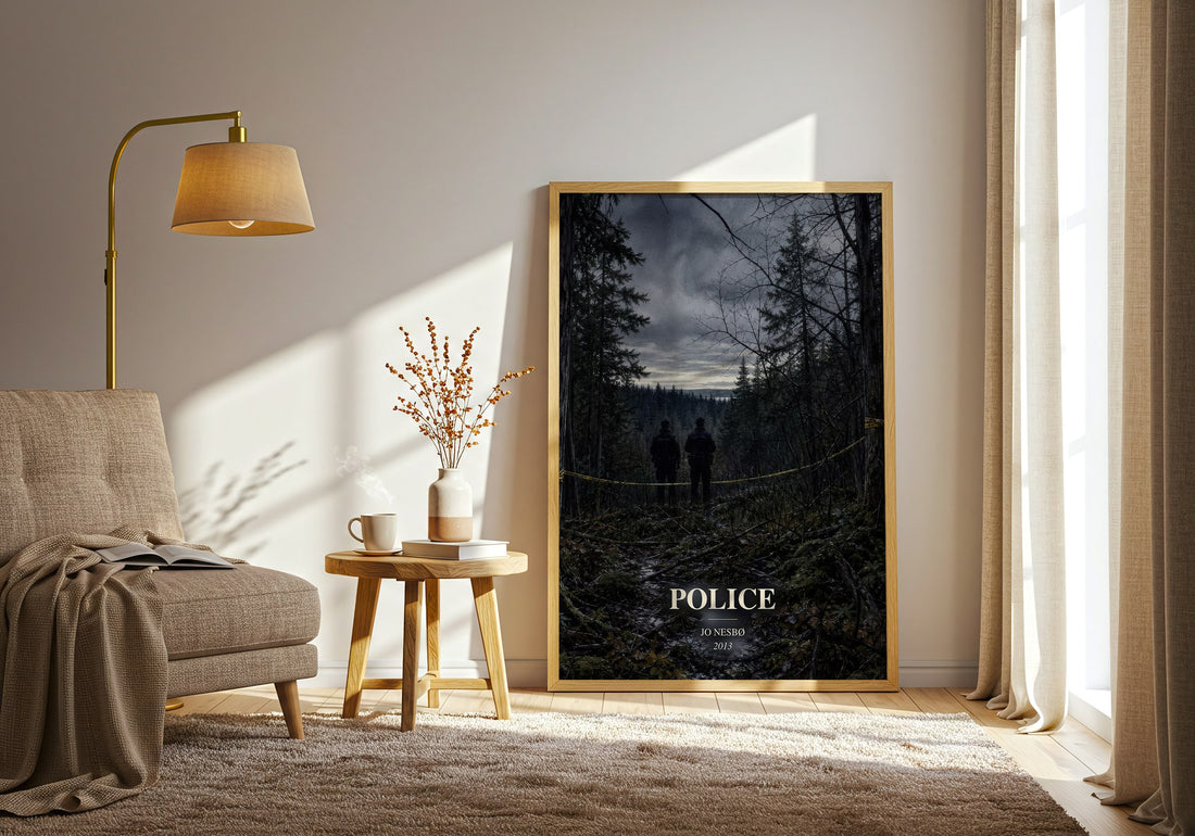 Police watercolour print in frame leaning in hallway – crime wall art (mockup)