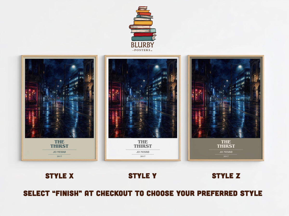 The Thirst book cover print in frame leaning in hallway – crime wall art (mockup)