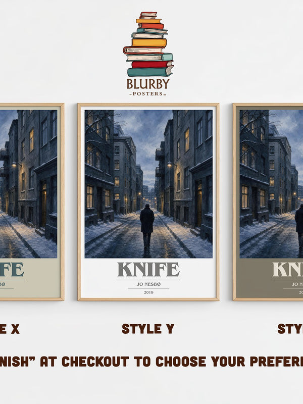Knife book cover print in frame leaning in hallway – crime wall art