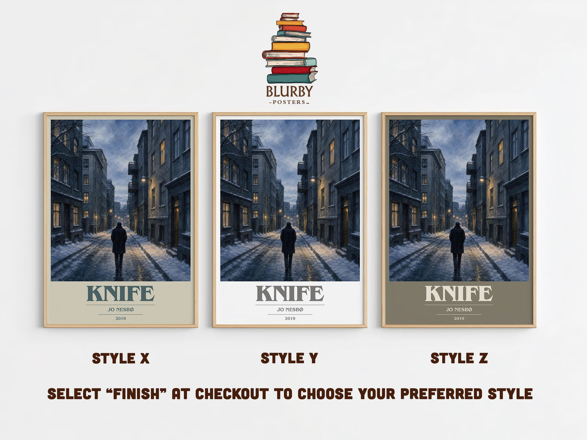 Knife book cover print in frame leaning in hallway – crime wall art (mockup)