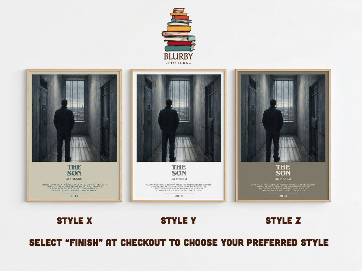 The Son bookish print in frame leaning in hallway – crime wall art (mockup)