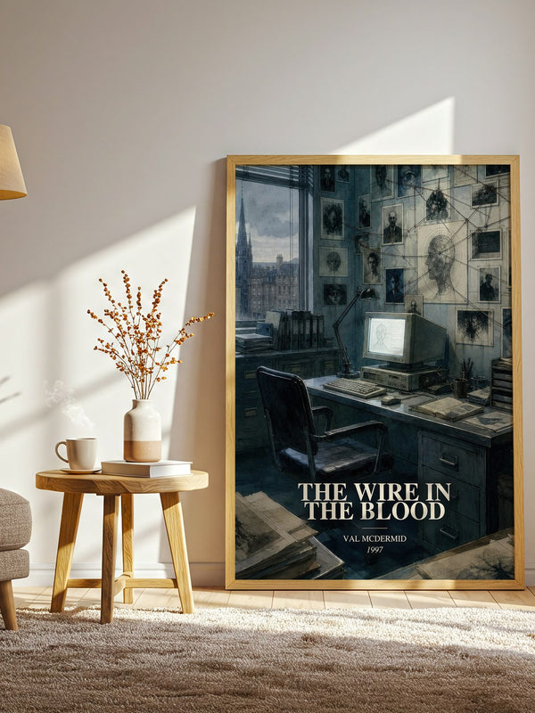 The Wire in the Blood watercolour print in frame leaning in hallway – crime wall art