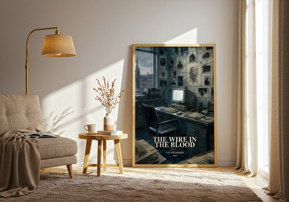 The Wire in the Blood watercolour print in frame leaning in hallway – crime wall art (mockup)