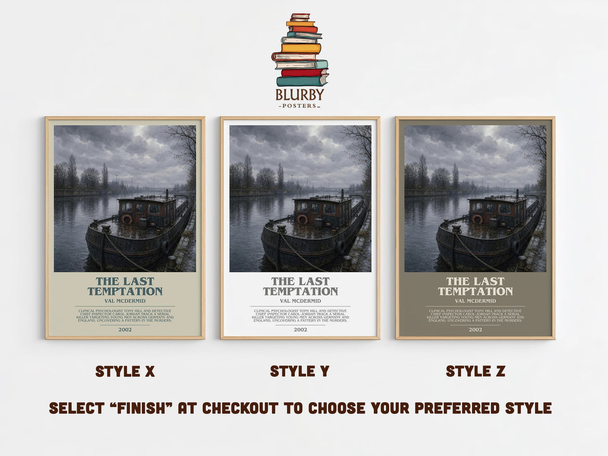 The Last Temptation bookish print in frame leaning in hallway – crime wall art (mockup)