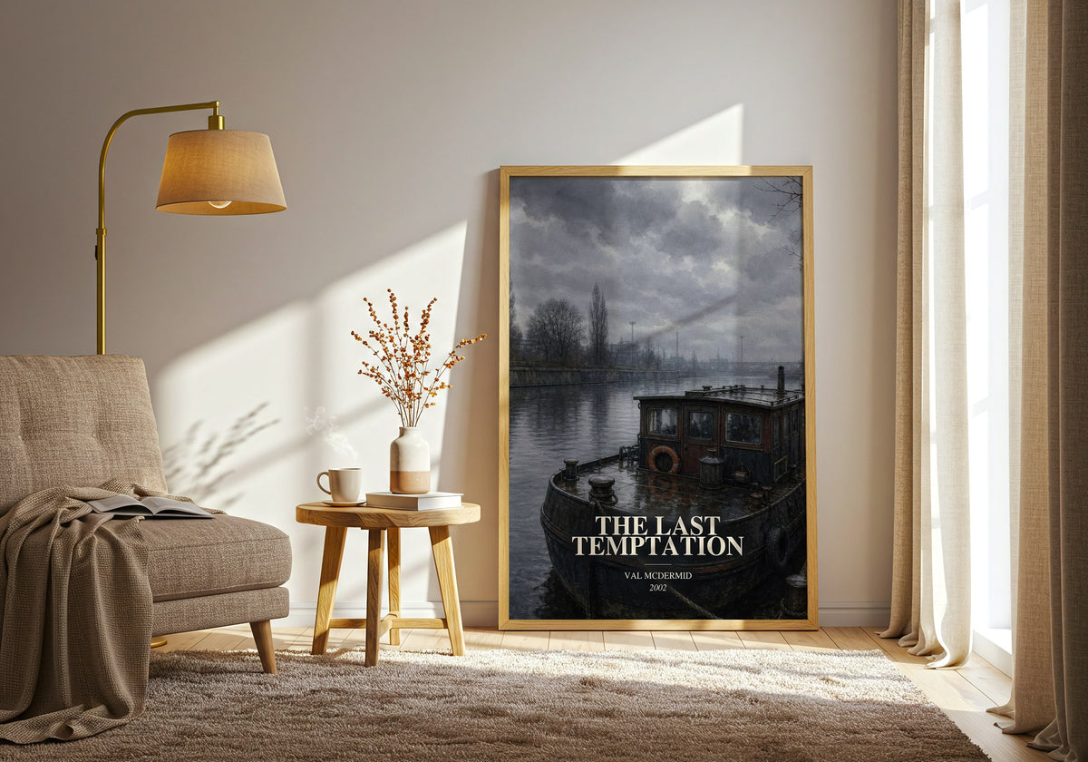 The Last Temptation watercolour print in frame leaning in hallway – crime wall art (mockup)