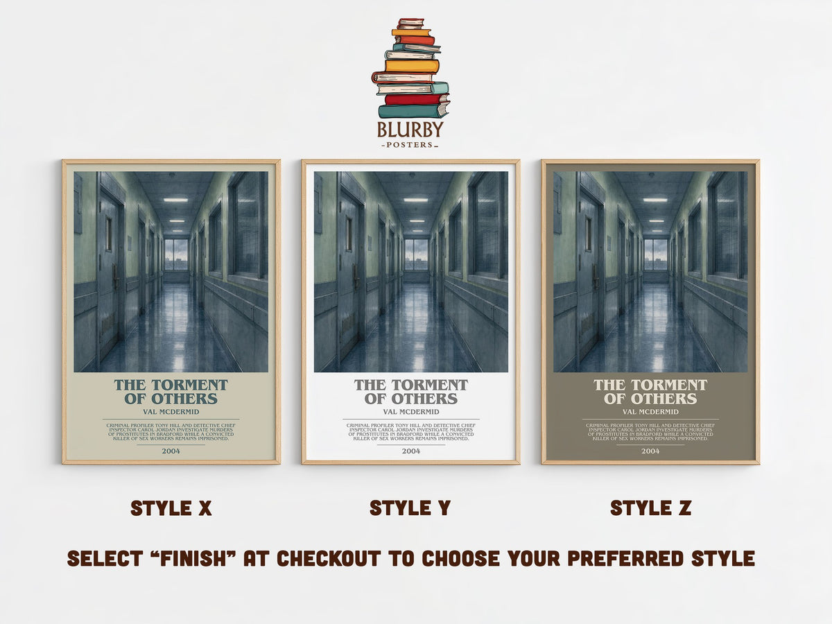 The Torment of Others bookish print in frame leaning in hallway – crime wall art (mockup)