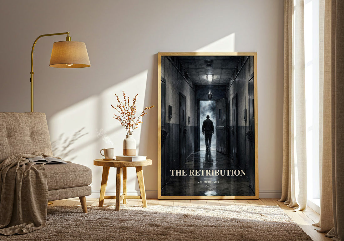 The Retribution watercolour print in frame leaning in hallway – crime wall art