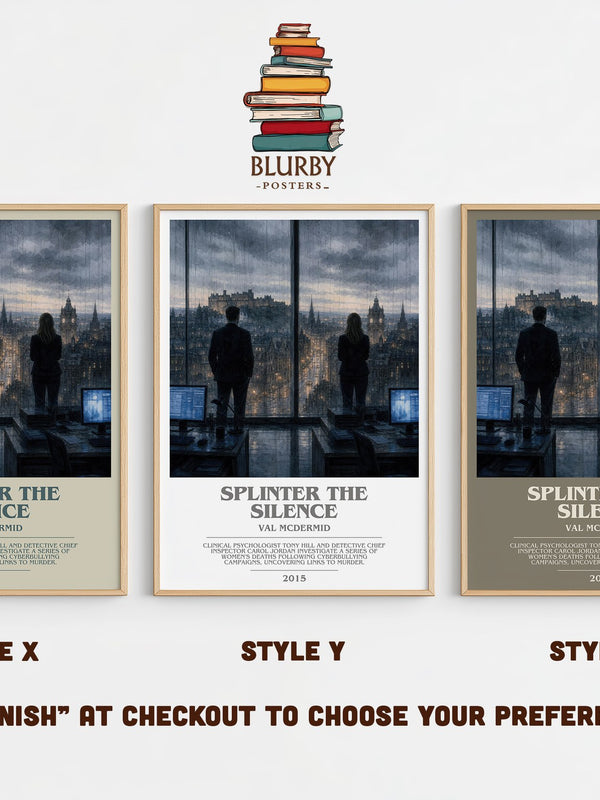 Splinter the Silence bookish print in frame leaning in hallway – crime wall art