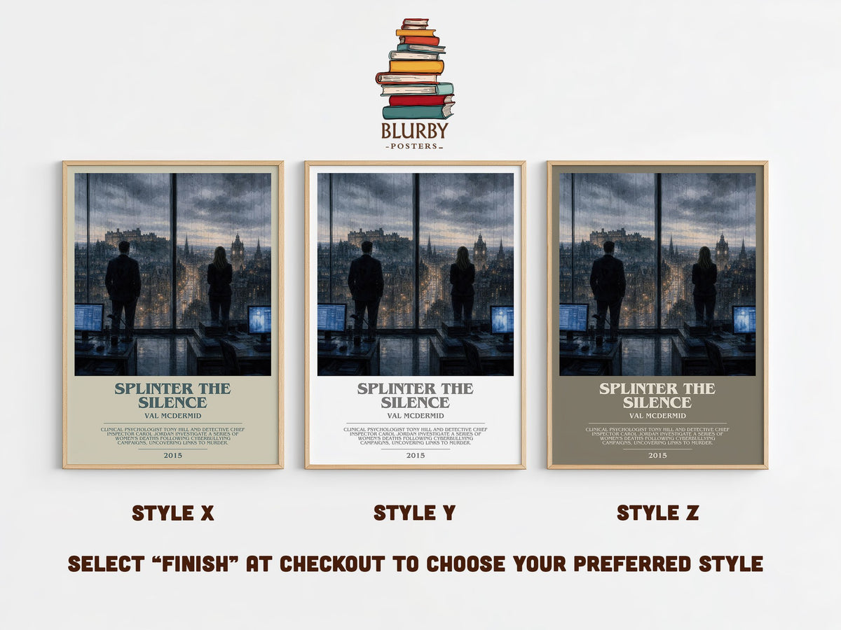 Splinter the Silence bookish print in frame leaning in hallway – crime wall art (mockup)