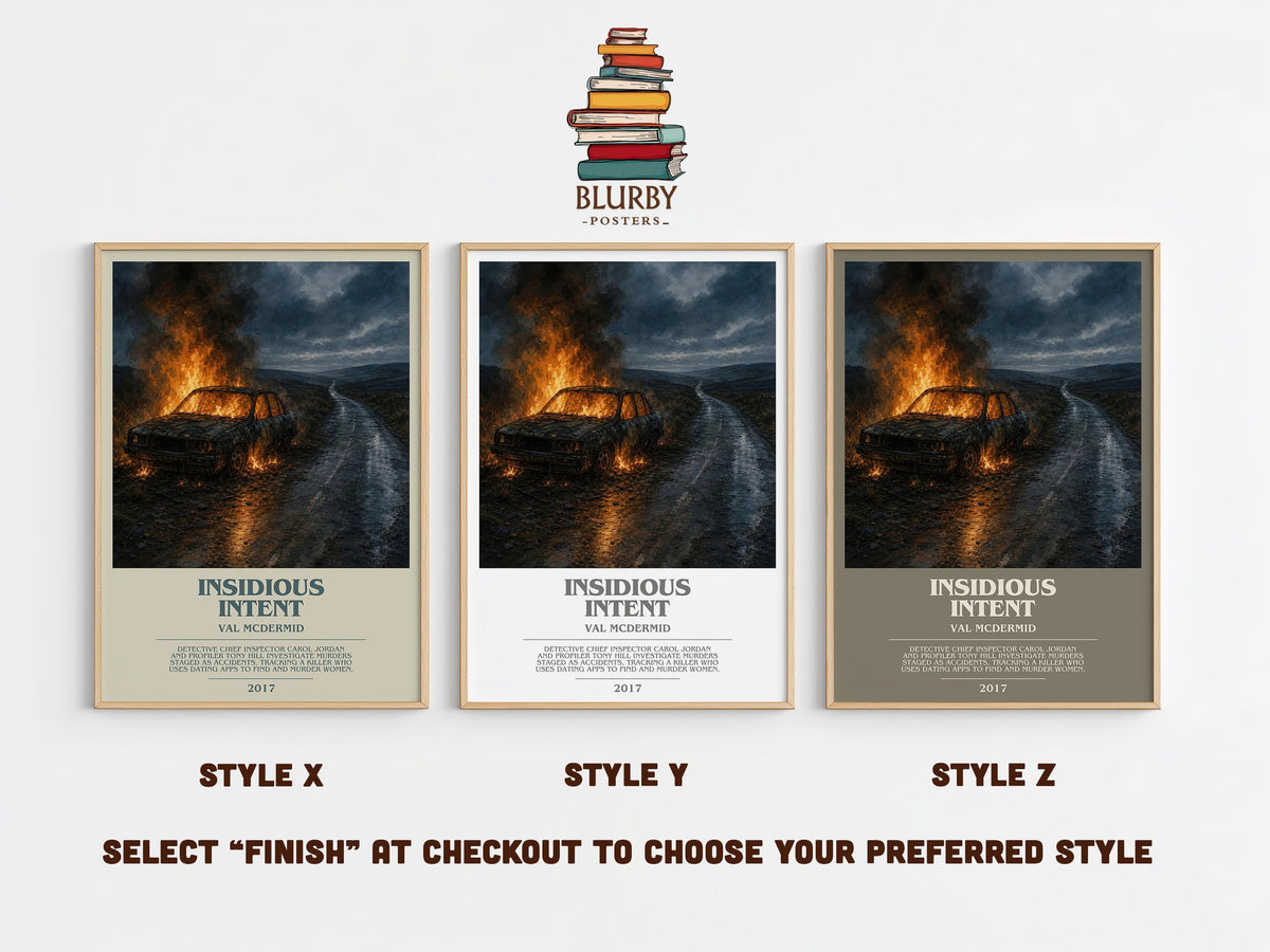 Insidious Intent bookish print in frame leaning in hallway – crime wall art (mockup)