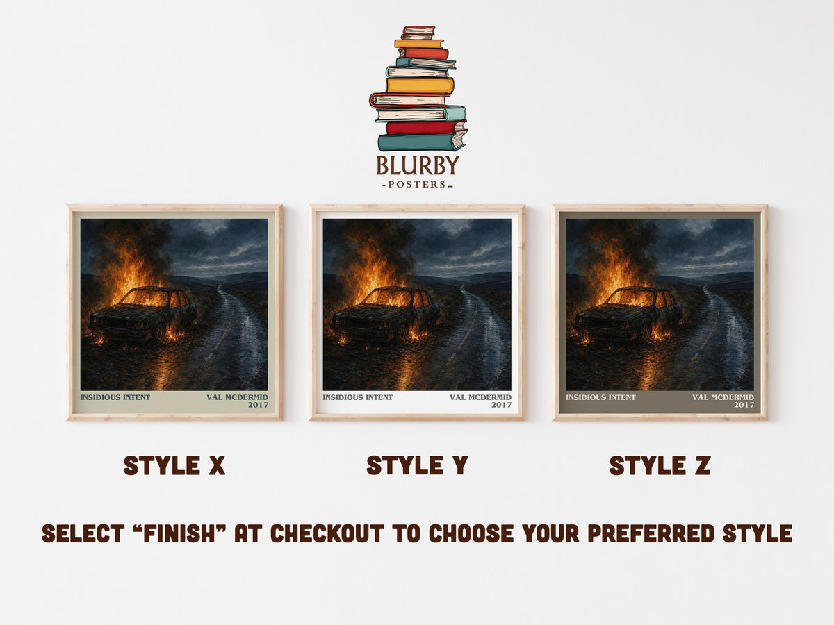 Insidious Intent literary print in frame leaning in hallway – crime wall art (mockup)