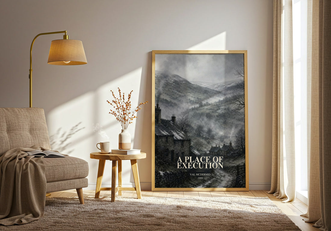 A Place of Execution watercolour print in frame leaning in hallway – crime wall art (mockup)