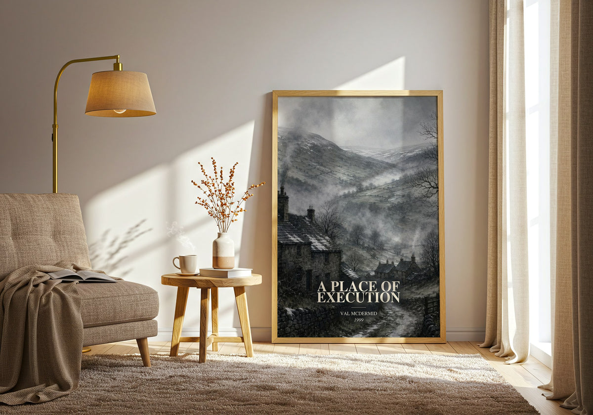 A Place of Execution watercolour print in frame leaning in hallway – crime wall art (mockup)