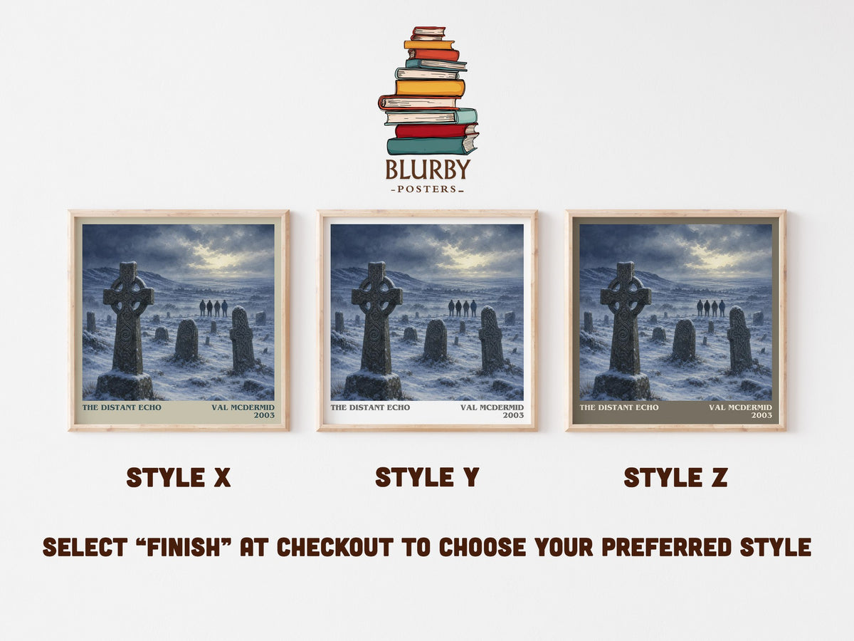 The Distant Echo literary print in frame leaning in hallway – crime wall art (mockup)