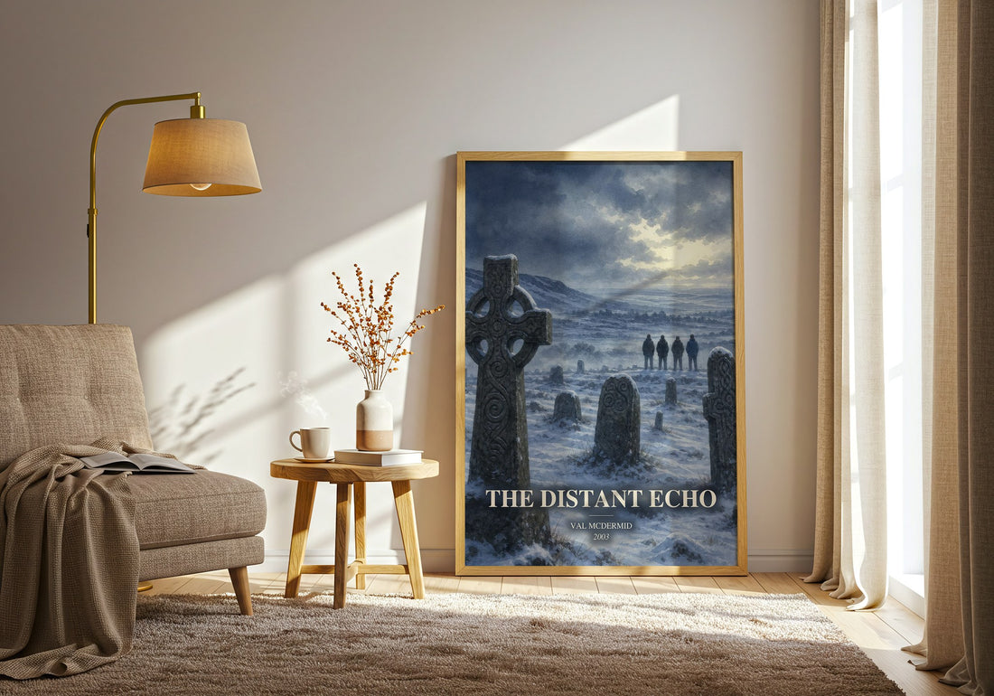 The Distant Echo watercolour print in frame leaning in hallway – crime wall art